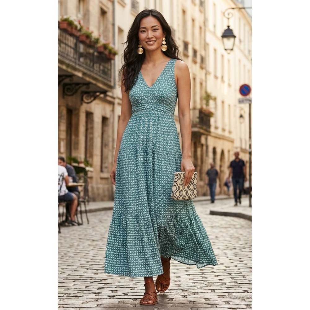 Maeve Mabel Halter Maxi Dress Womens XL‎ Blue Geo Tiered Slit Anthropologie